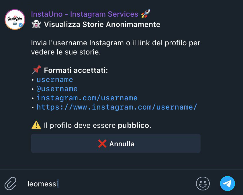 Schermata di input del profilo utente Instagram nel bot InstaUno