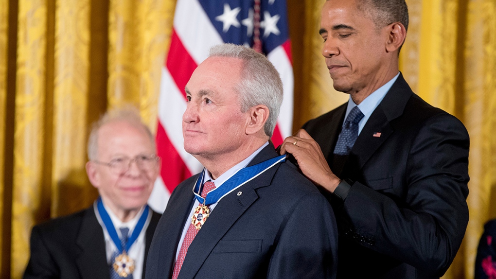 Lorne being awarded by the former US president Barak Obama