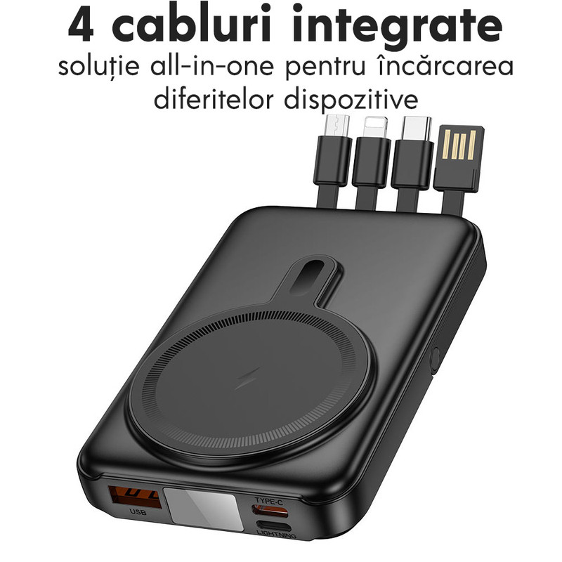 Baterie externa cu incarcare wireless Hoco J135, 22.5W+PD20W, Magnetica, Suport pliabil, 10000mAh, Incarcare rapida, 4 cabluri cu incarcare rapida, Negru hoco j135 rico 22 5w pd20w power bank 10000mah supply