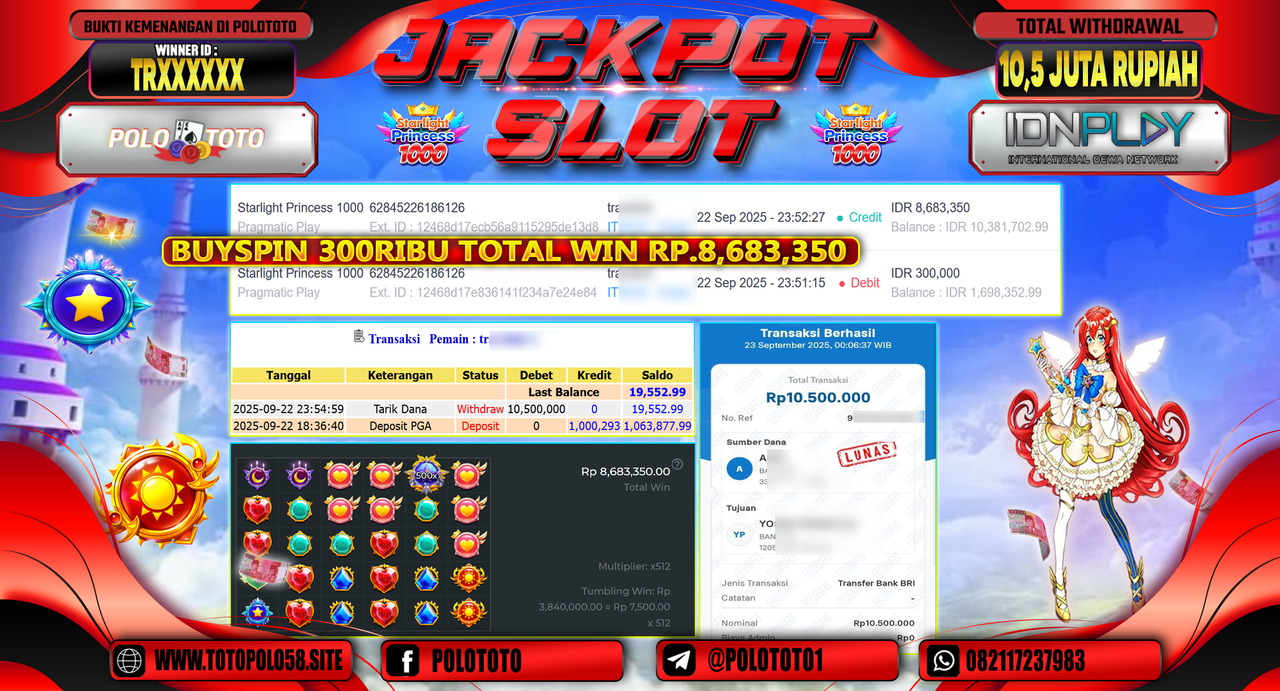POLOTOTO JACKPOT SLOT STARLIGHT PRINCESS 1000 Rp.10.500.000,-