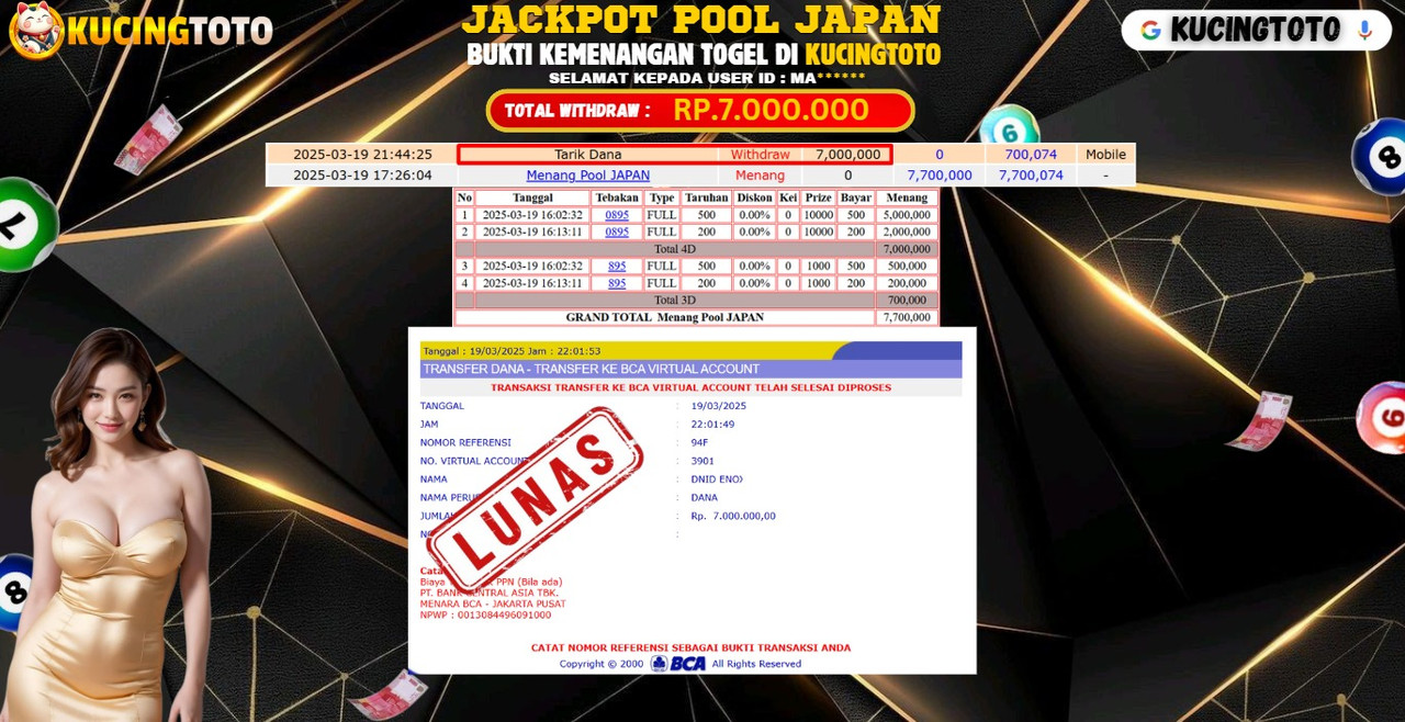 KUCINGTOTO JACKPOT TOGEL POOLS JAPAN RP.7.000.000.,- LUNAS