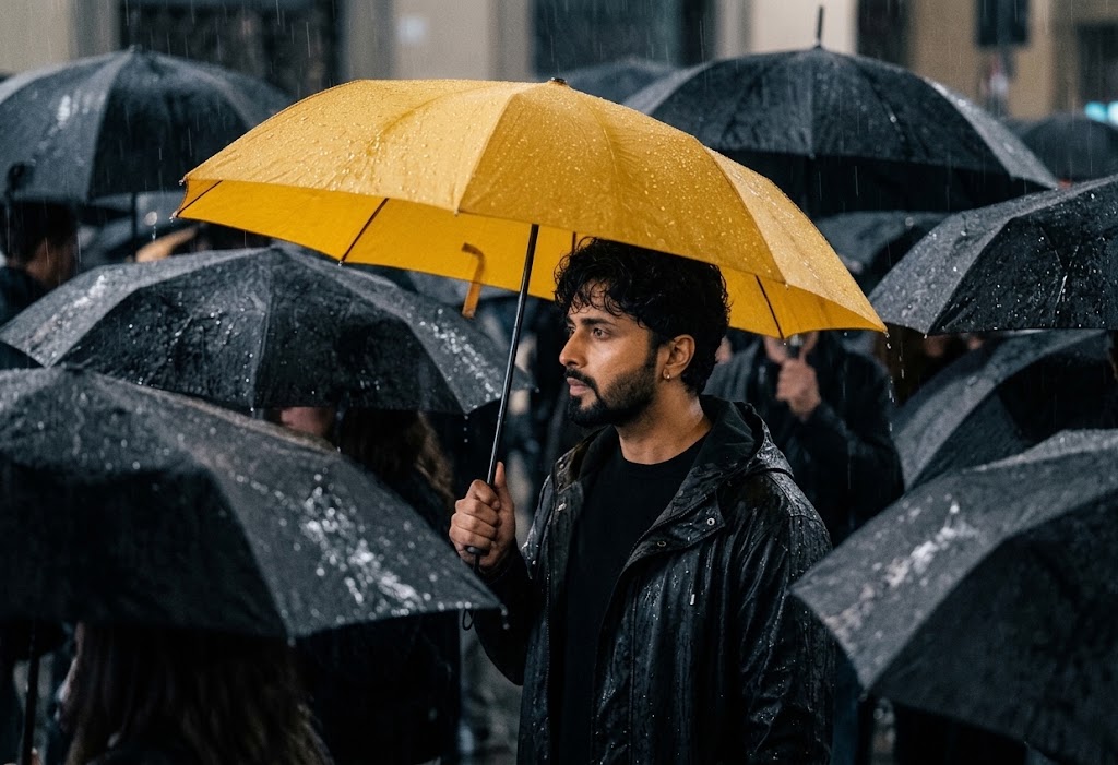 AI-generated example result for the creative-images prompt: Umbrella Crowd Street Scene by Prompt Craft
