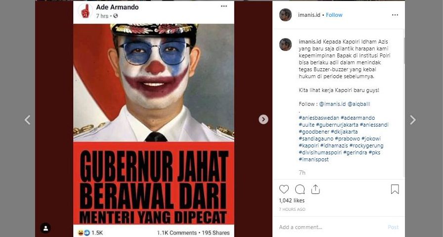 Meme Anies Baswedan bertampang Joker tersebut diunggah oleh akun Facebook bernama Ade Armando dan viral di media sosial lain.