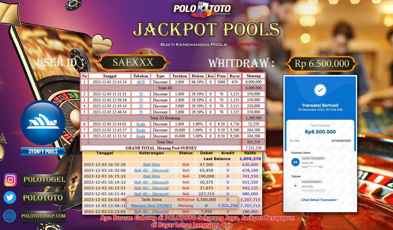 BUKTI PEMBAYARAN JACKPOT DIPOLOTOTO DIBAYAR LUNAS!!!