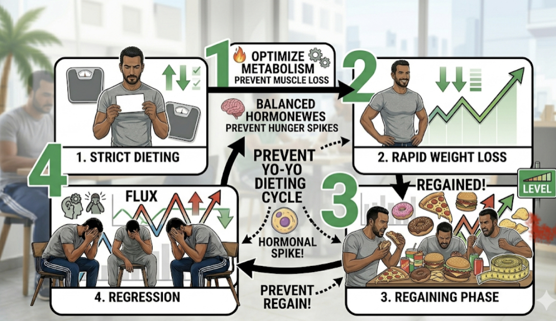Infographic showing metabolic adaptation after weight loss, comparison of before and after metabolic rates with energy expenditure drop