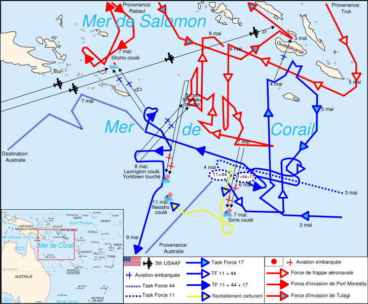 Mapa de movimientos de la batalla de Mar del Coral