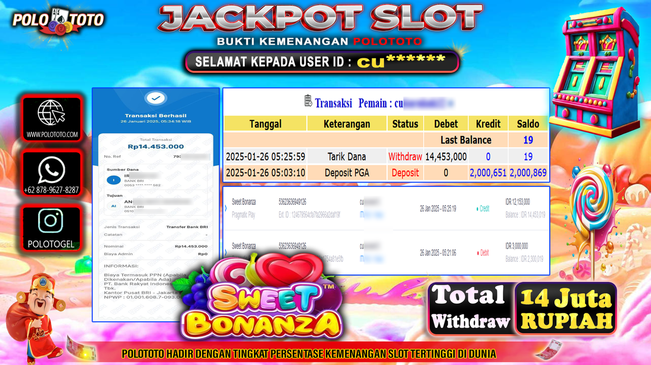 POLOTOTO JACKPOT SLOT SWEET BONANZA Rp.14,453.000,-