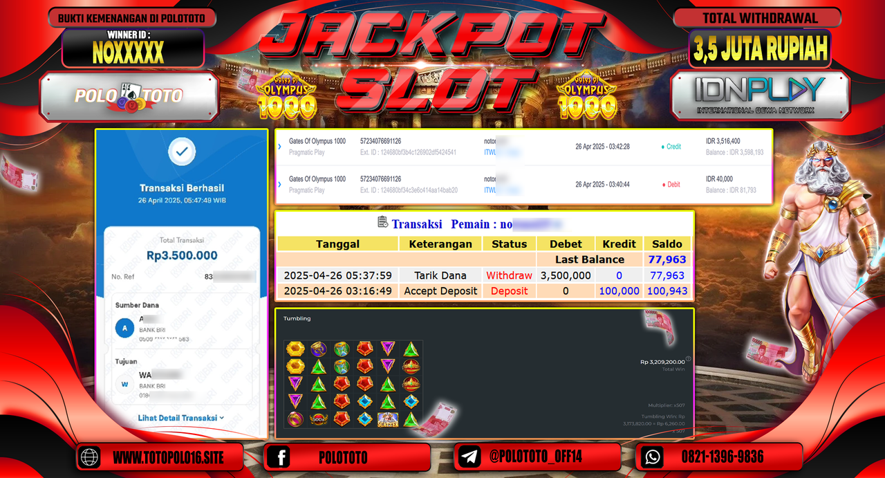 POLOTOTO JACKPOT SLOT GATES OF OLYMPUS 1000 Rp.3.500.000,-