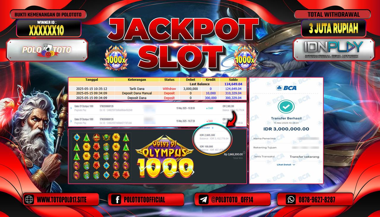 POLOTOTO JACKPOT SLOT GATES OF OLYMPUS 1000 Rp.3.000.000,-