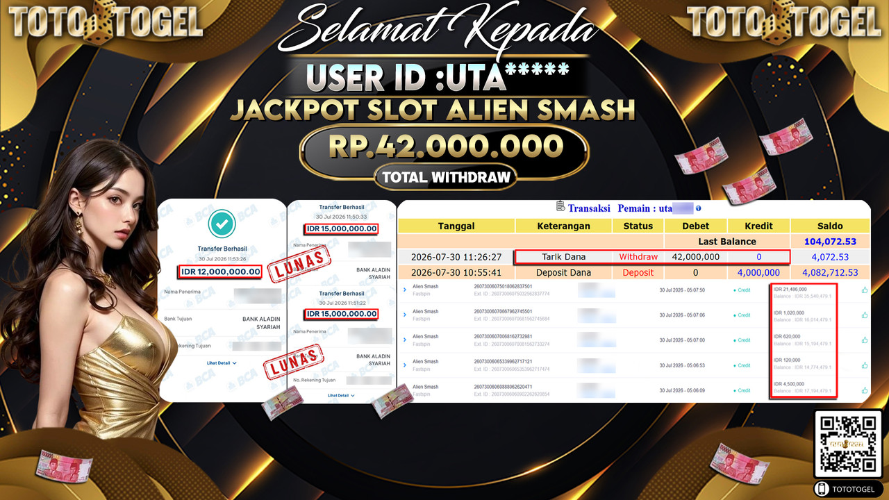 Bukti Pembayaran Jackpot SLOT ALIEN SMASH ID:UTA**** LUNAS