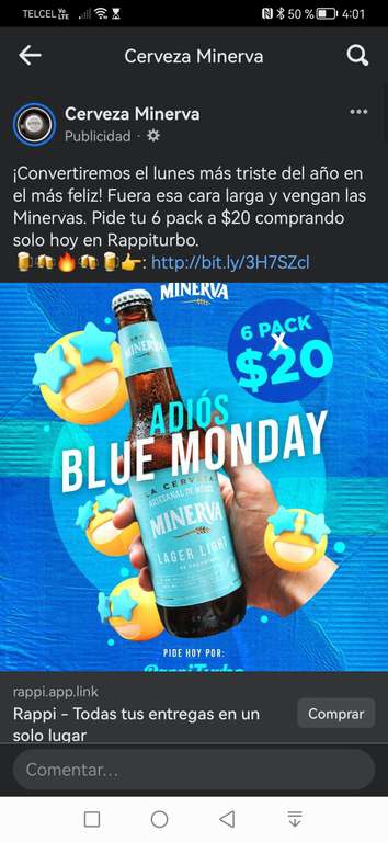 Rappi [Turbo]: 6 pack de cerveza Minerva por $20 (Blue Monday) 
