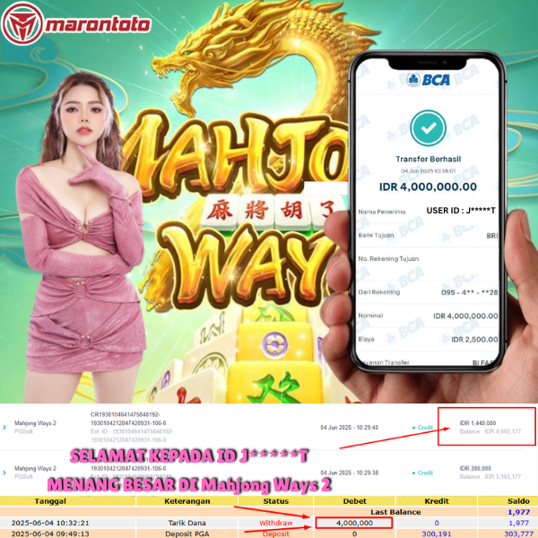 Bukti Kemenangan Member Marontoto Sebesar 4,000,000 JuTa