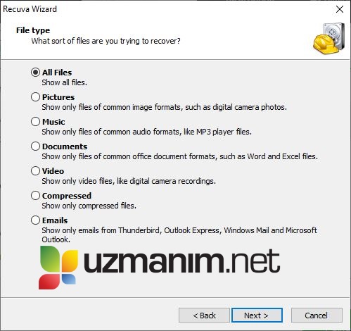 recuva dosya türünü seçme