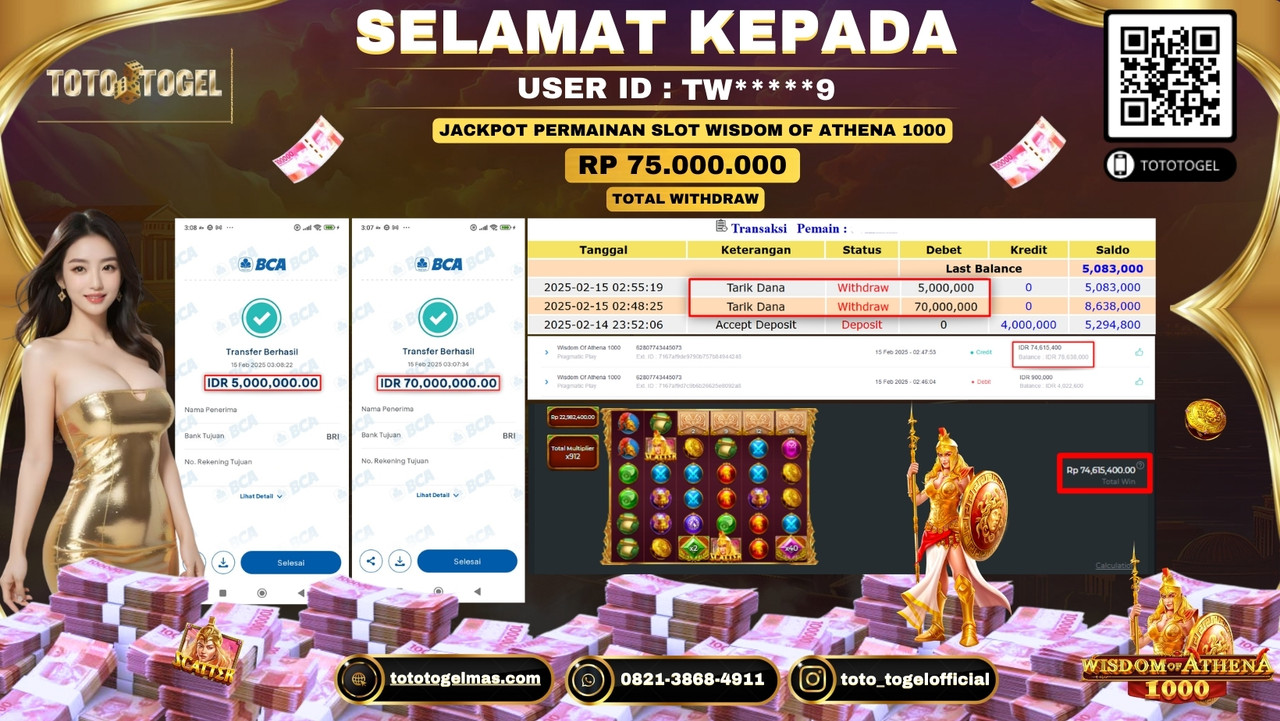 Bukti Pembayaran Jackpot  Permainan Slot Wisdom Of Athena 1000  ID: TW****9 LUNAS