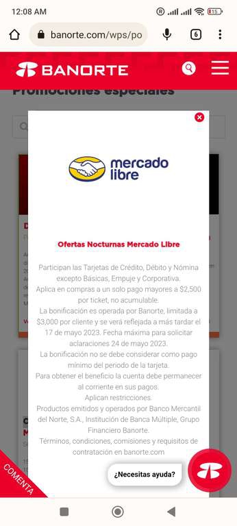 Banorte [Ofertas Nocturnas]: Bonificación del 15% (TDC Digital) o 10% con física en Mercado Libre (A un solo pago mayores a $2500) 
