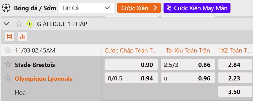 Tỷ lệ kèo Stade Brestois 29 vs Lyon