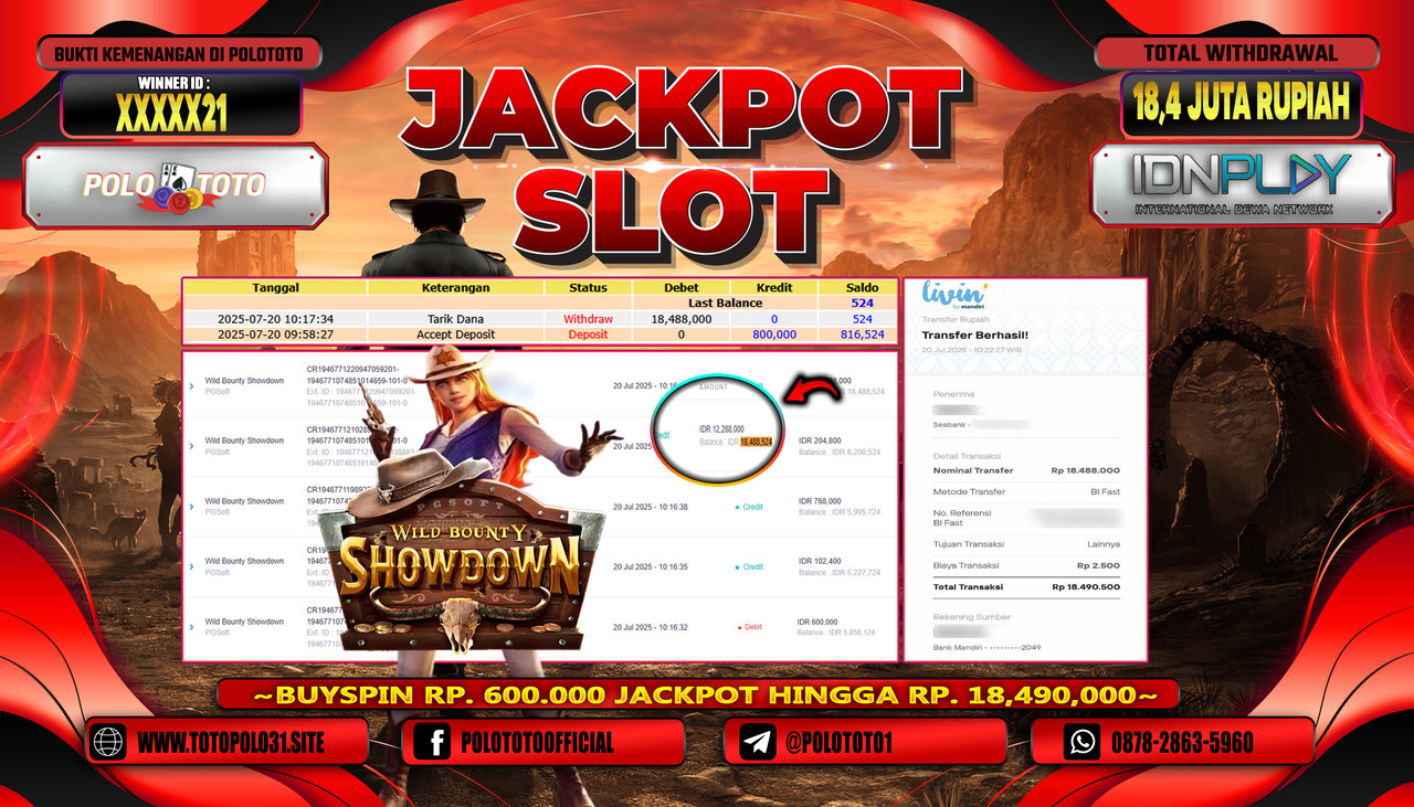 POLOTOTO JACKPOT SLOT WILD BOUNTY SHOWDOWN Rp.18.488.000,- LUNAS