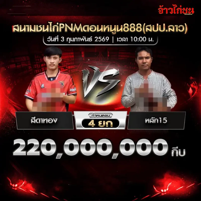 โปรแกรมไก่ชน ตารางการแข่งขัน สนามชนไก่ PNM ดอนหนูน 888 (สปป.ลาว) 3 กุมภาพันธ์ 2569