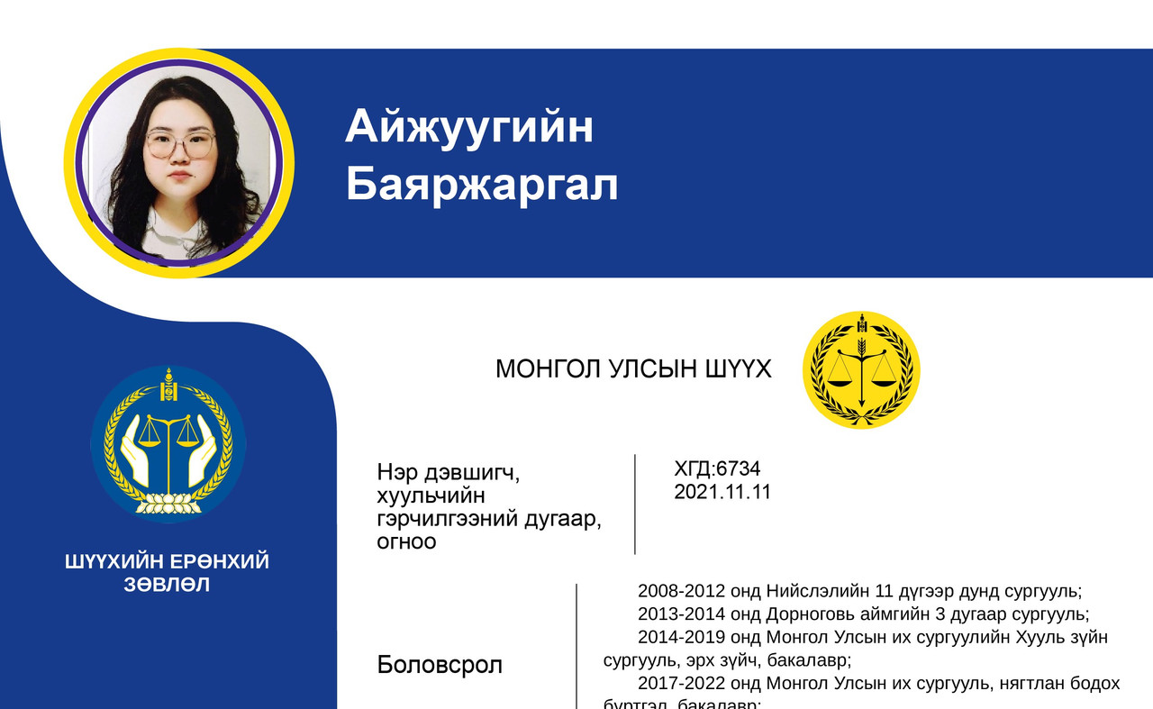Эрүү, Иргэний хэргийг харьяалан шийдвэрлэх анхан шатны шүүхийн шүүгчид нэр дэвшигч А.Баяржаргалын мэргэжлийн үйл ажиллагааны танилцуулга