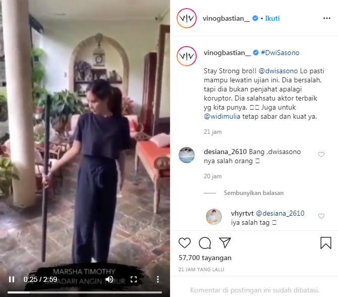 Unggahan Vino G Bastian untuk memberi dukungan Dwi Sasono