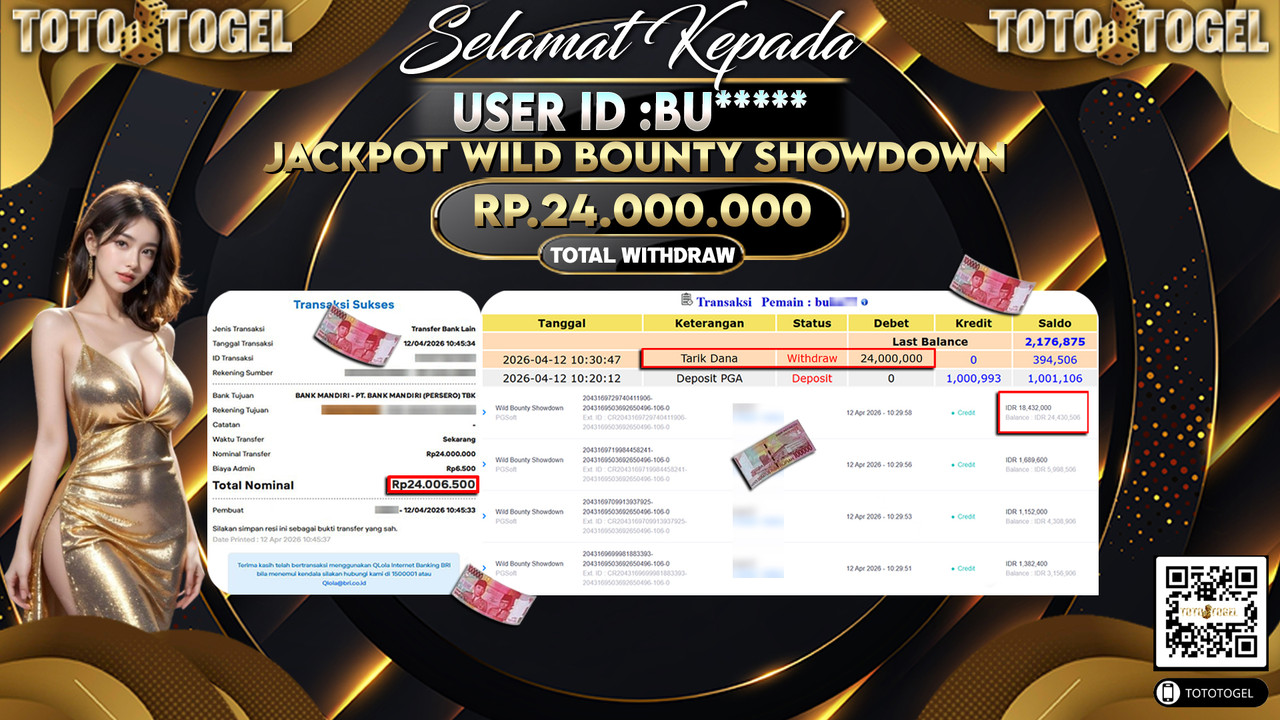 Bukti Pembayaran Jackpot Permainan Slot Wild Bounty Showdown ID:BU*****LUNAS