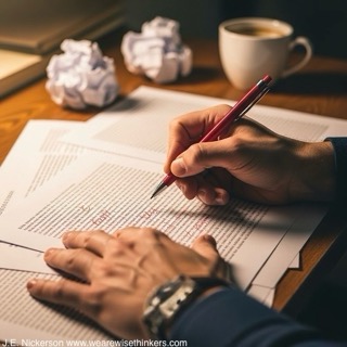 Close-up of a writer’s hands holding a red pen, marking corrections on printed manuscript pages spread out on a wooden desk, with a coffee cup and notebook nearby.
