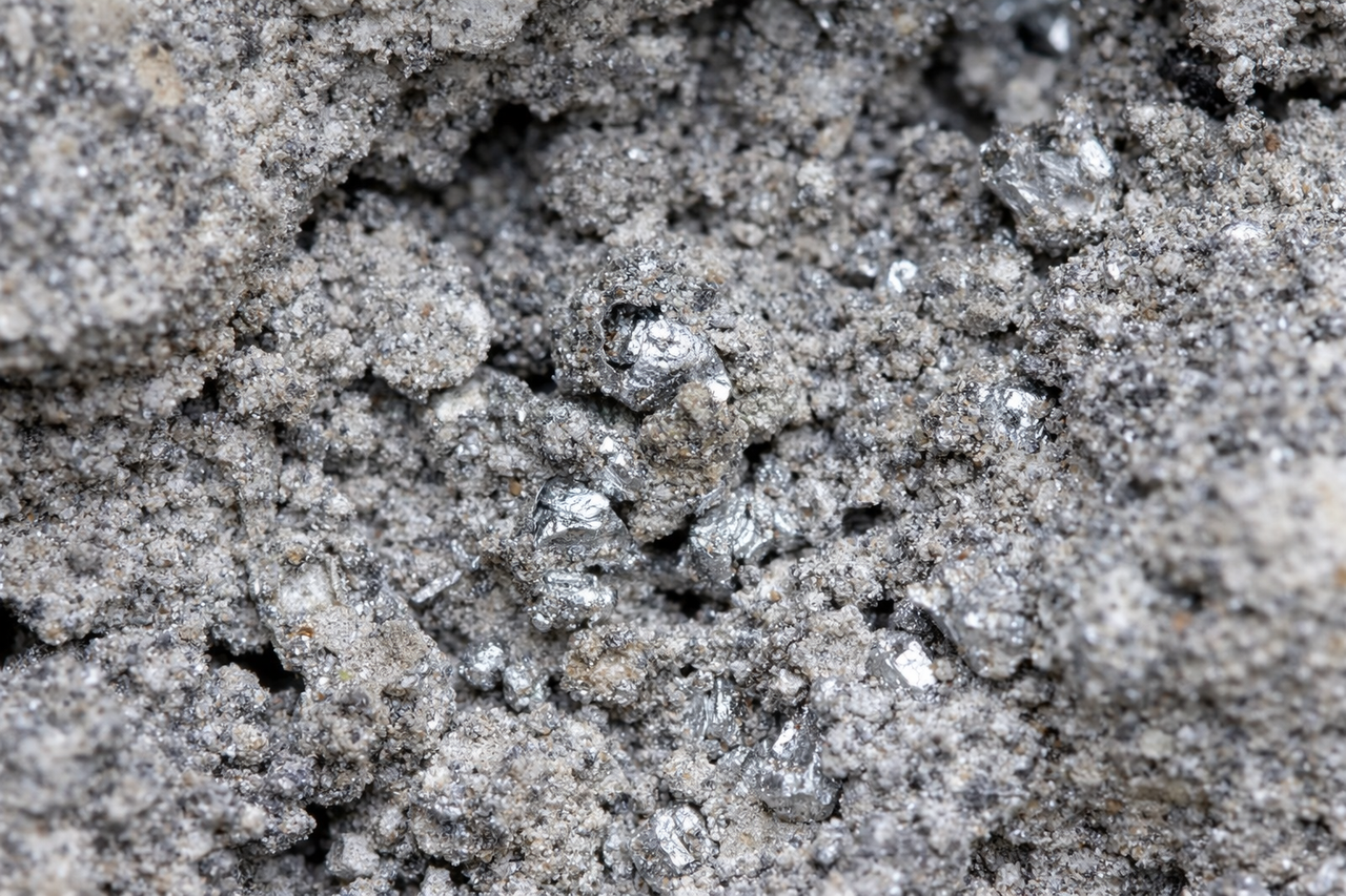 A close-up view of aluminum dross showing trapped metallic aluminum particles within the oxide layer, indicating potential metal loss during the melting process.
