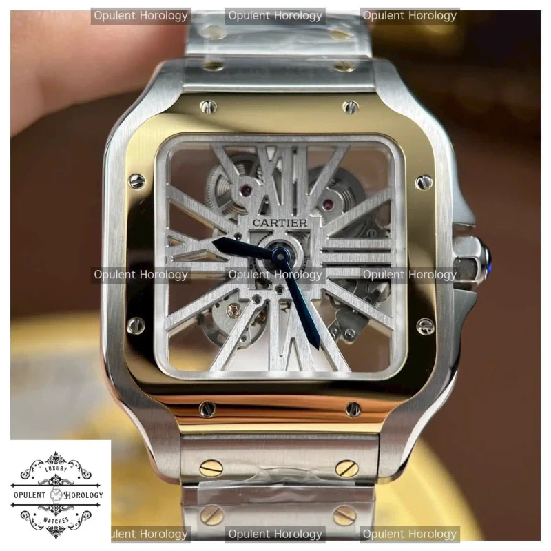 Cartier Santos Skeleton Replica Watch | 39.8mm Two-Tone Yellow Gold Bezel Metal Bracelet