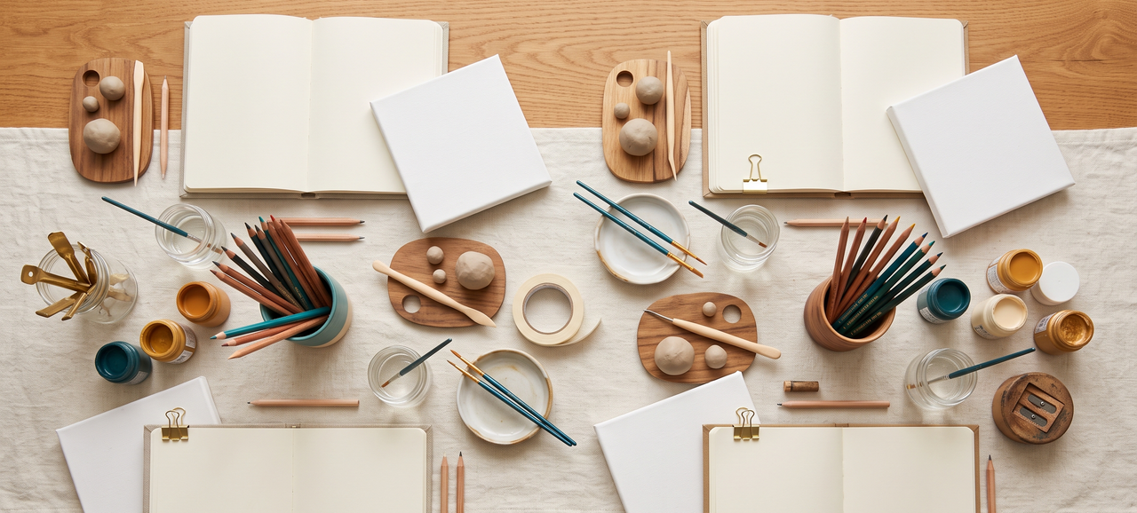 Shared craft table set for a group activity