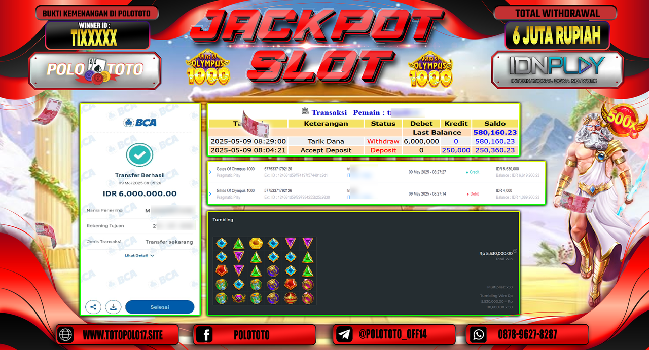 POLOTOTO JACKPOT SLOT GATES OF OLYMPUS 1000 Rp.6.000.000,-