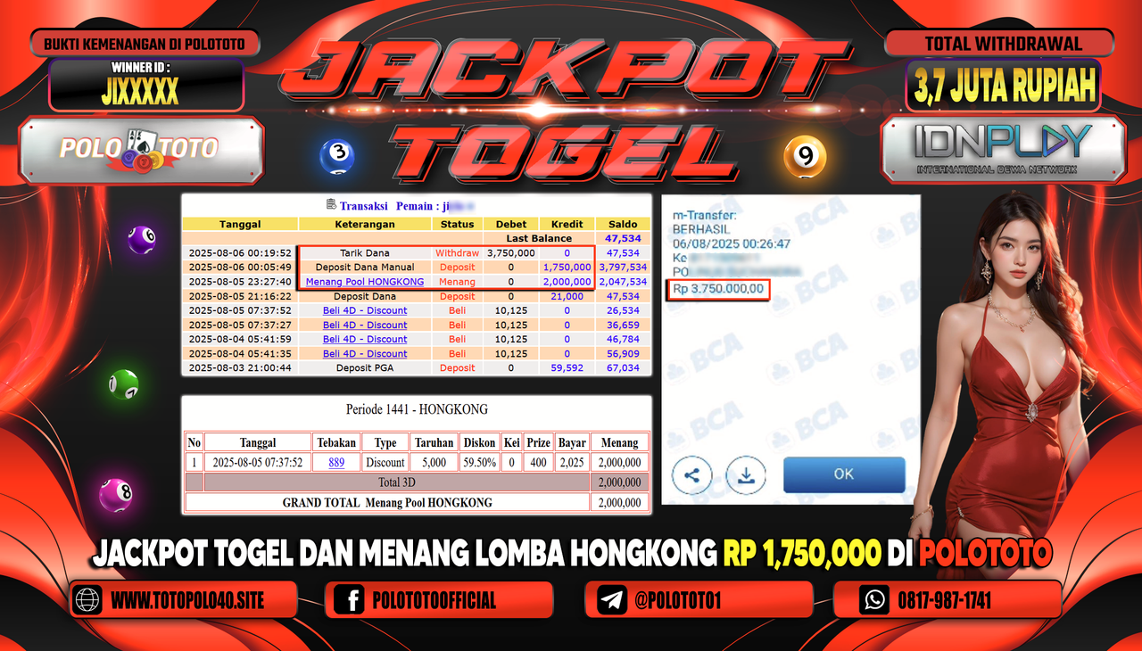 POLOTOTO JACKPOT TOGEL HONGKONG LOTTO Rp.3.700.000,-LUNAS