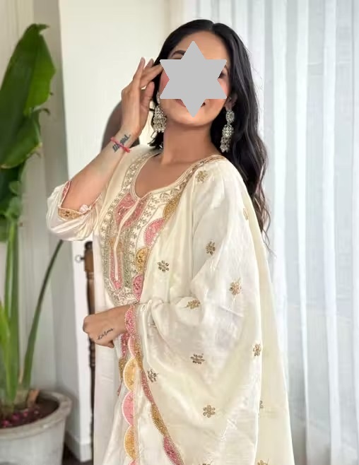 RIVA New Desiner Embrodred Latest Fashion Cream Color Kurti With Bottom Or Dupatta Set Color 1 (KS114)