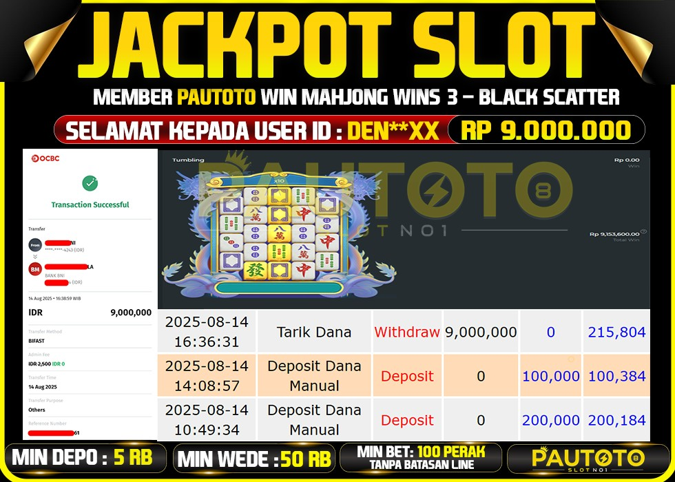 BUKTI PEMBAYARAN TGL 14 AGUSTUS 2025 MENANG DI PERMAINAN MAHJONG WINS 3 - BLACK SCATTER TOTAL WD 9 JUTA