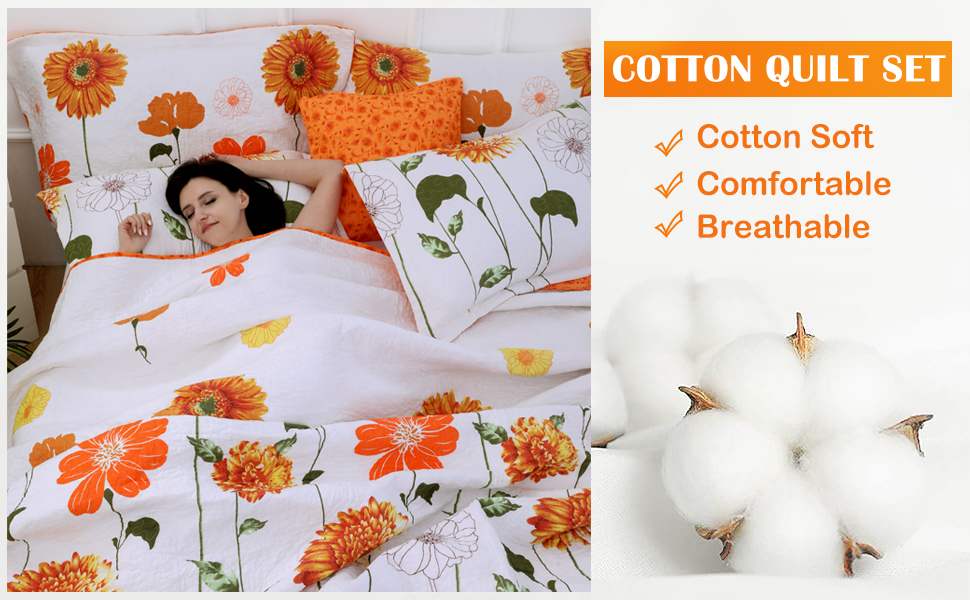 100% Cotton King Size Quilt Set - Orange Sunflower Bedding