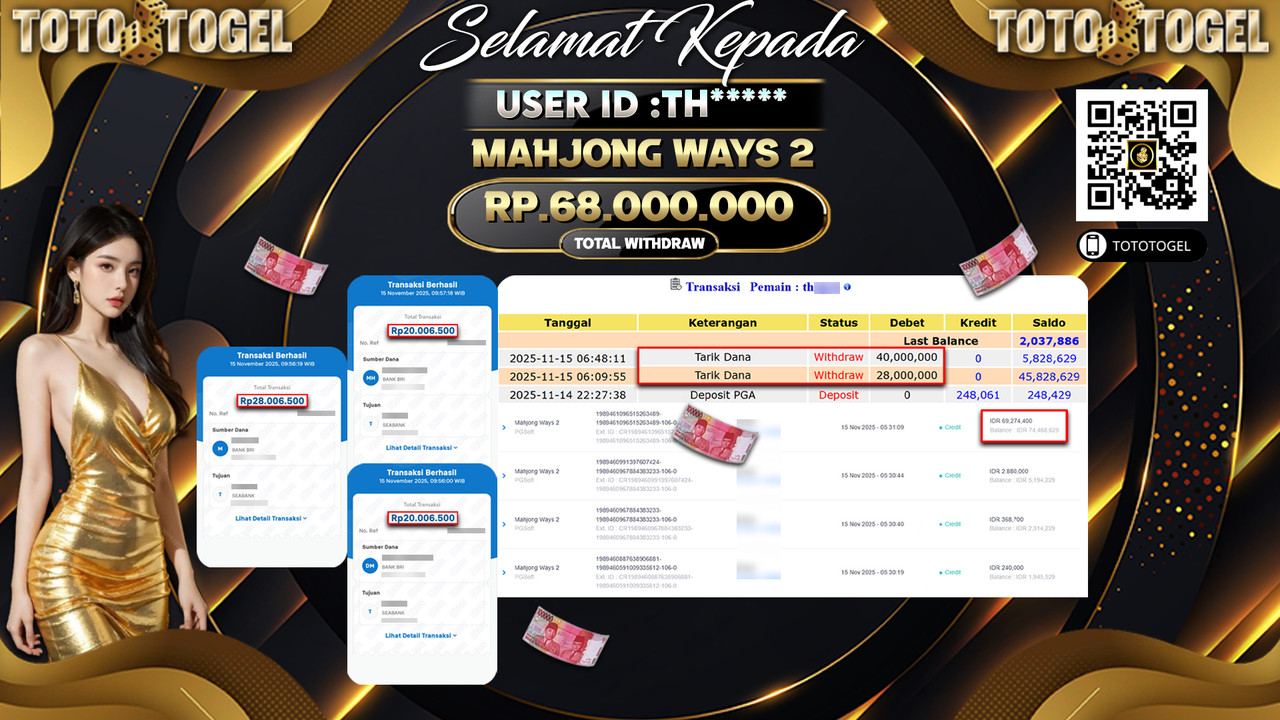 Bukti Pembayaran Jackpot Permainan Slot Mahjong Ways 2 ID:TH***** LUNAS