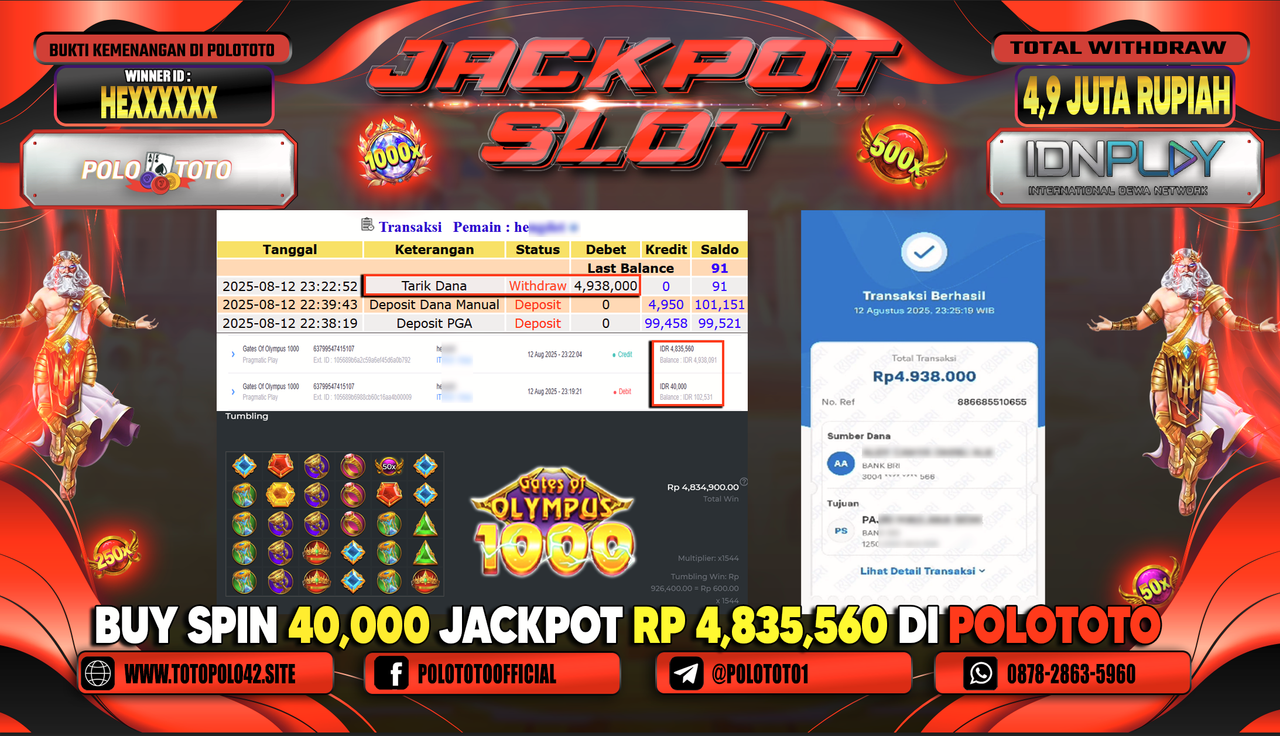 POLOTOTO JACKPOT SLOT GATES OF OLYMPUS 1000 Rp.4.900.000,-LUNAS