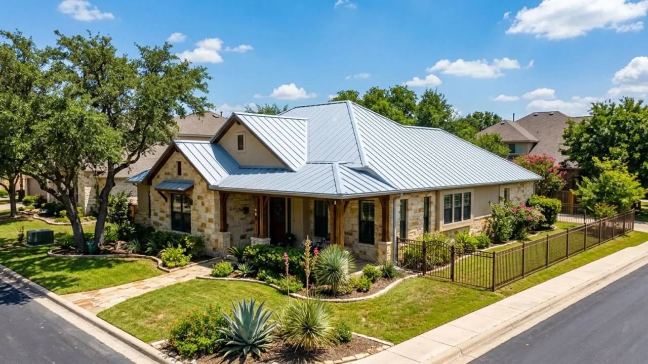 Freshly painted metal roof on San Antonio home with light reflective coating