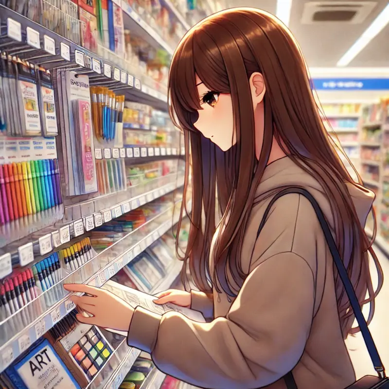 DALL-E-2024-10-16-18-54-19-A-brown-long-haired-anime-girl-shopping-for-art-supplies-in-a-convenien.webp