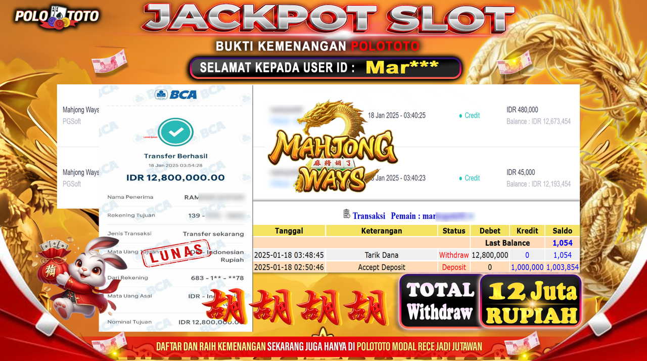 POLOTOTO JACKPOT SLOT MAHJONG WAYS Rp.12,800.000,-