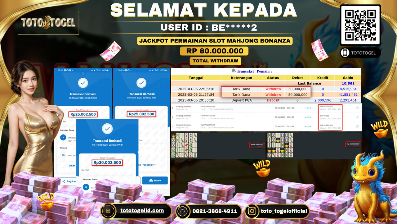 Bukti Pembayaran Jackpot  Permainan Slot Mahkong Bonanza  ID:BE*****2 LUNAS