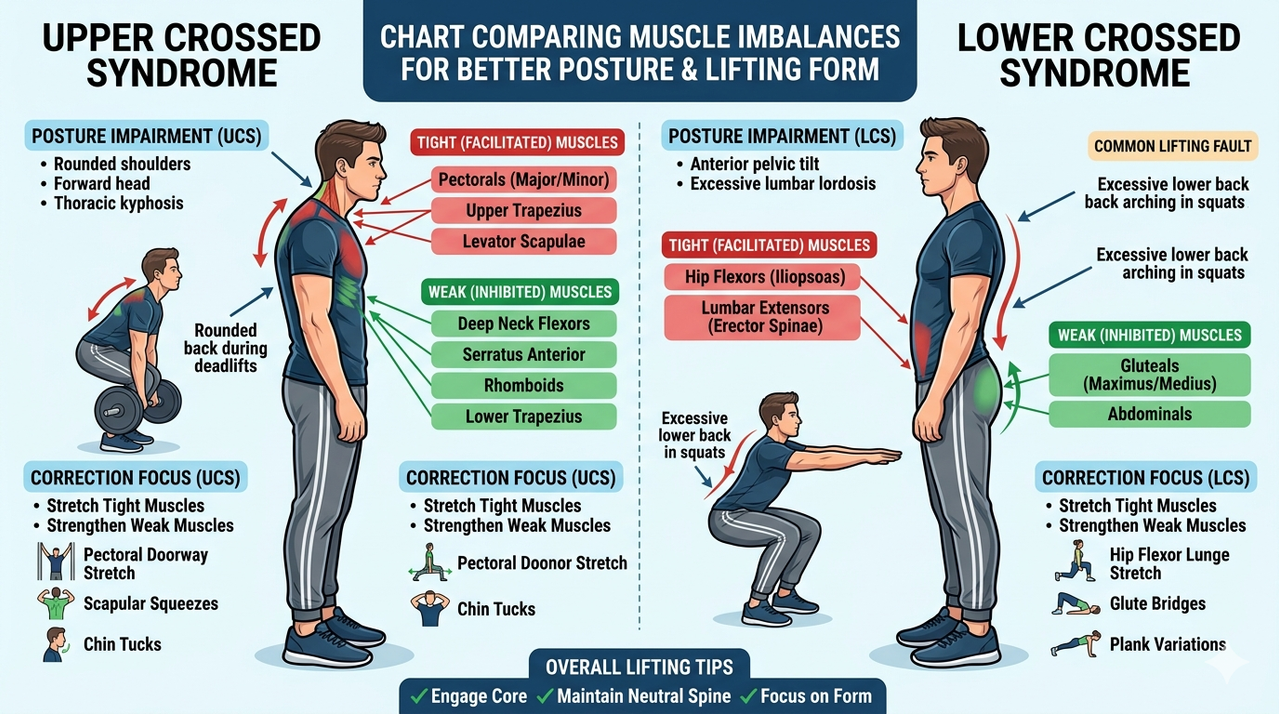 Chart comparing Upper Crossed Syndrome and Lower Crossed Syndrome muscle imbalances for how to correct your posture for better lifting form
