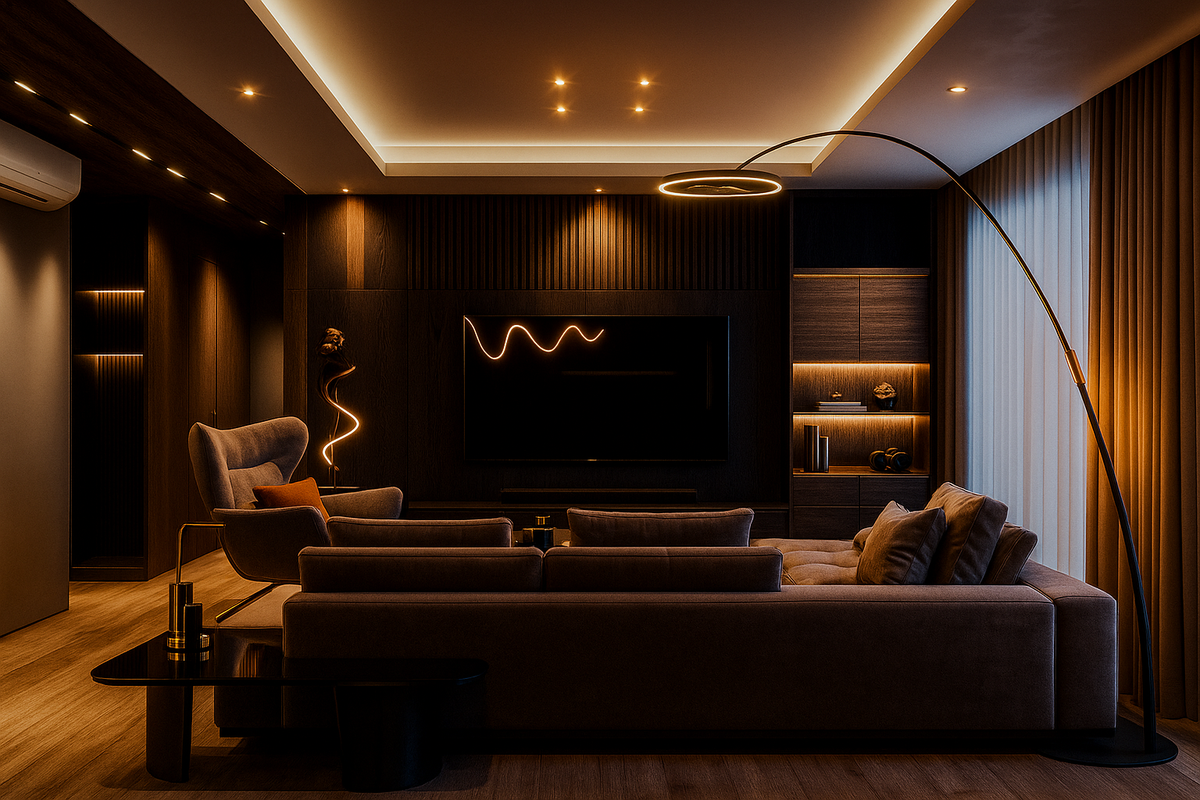 Ambiente sofisticado com sofá e iluminação indireta