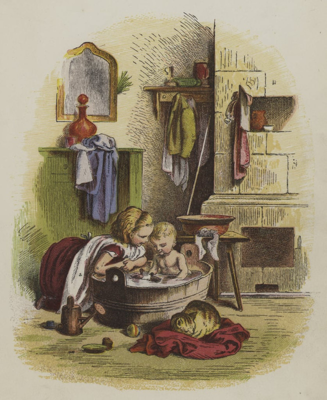 2-Oskar-Pletsch-Young-girl-watching-her-little-brother-playing-in-the-bath-Meister-Drucke-617497