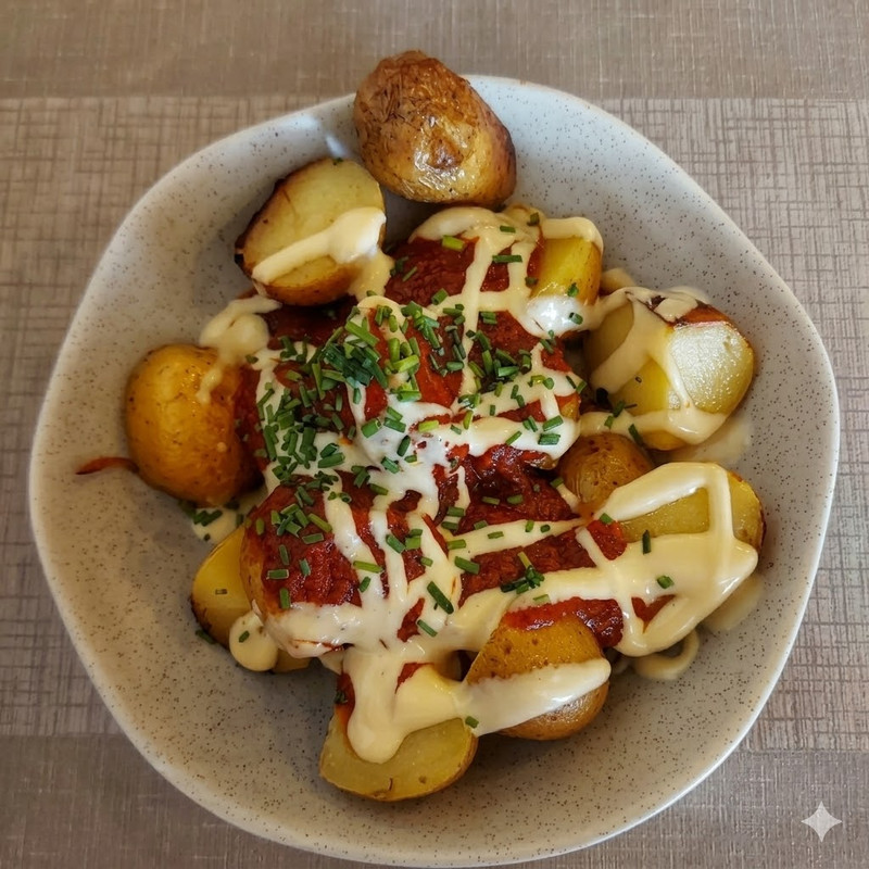 Patata brava con alioli de ajo asado y polvo de torrezno