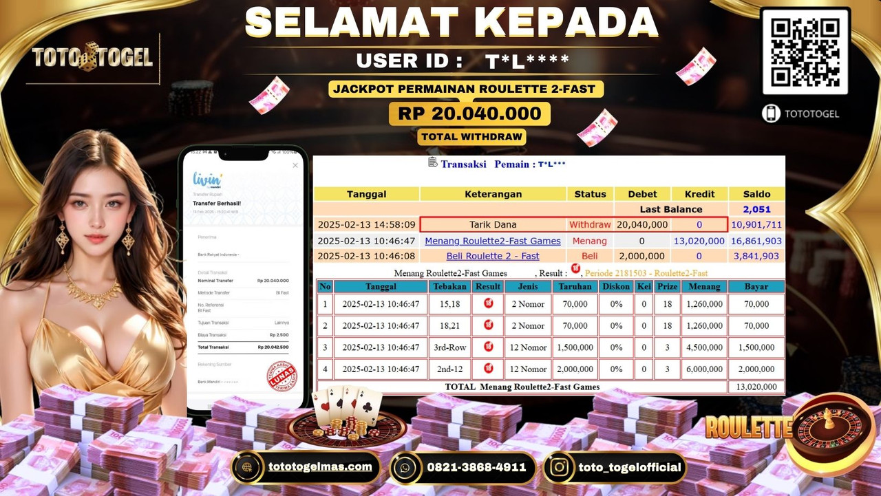 Bukti Pembayaran Jackpot  Permainan Roulette 2-Fast   ID: T*L*** LUNAS