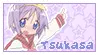 A purple stamp of tsukasa from Lucky Star with text popping up letter by letter to spell her name Tsukasa