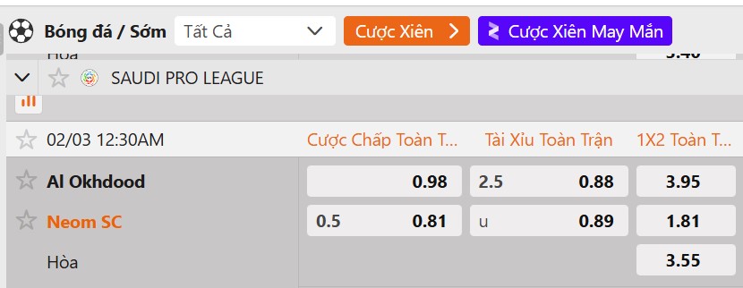 Tỷ lệ kèo Al-Akhdoud vs Neom Sports Club