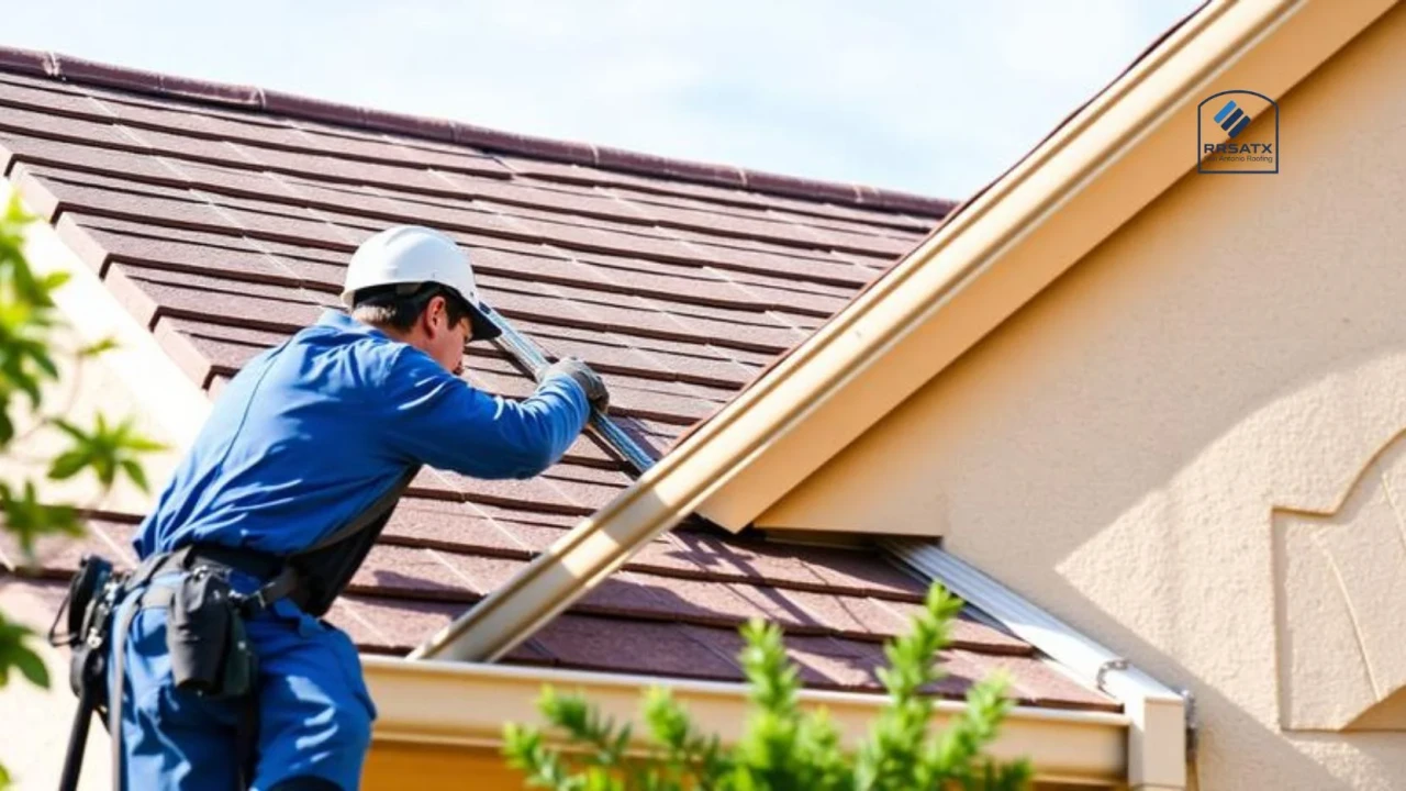 Roof maintenance and gutter service on a San Antonio residential home