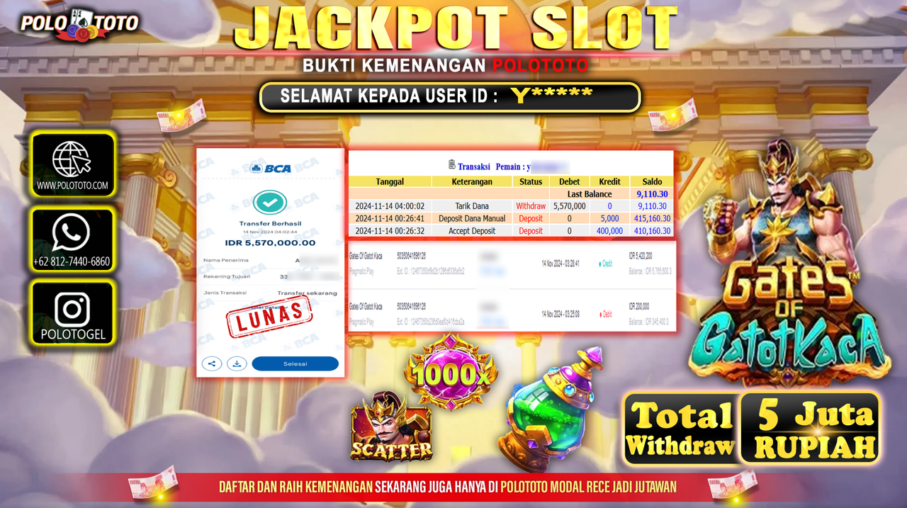 POLOTOTO JACKPOT SLOT GATES OF GATOT KACA Rp.5.570.000,- 