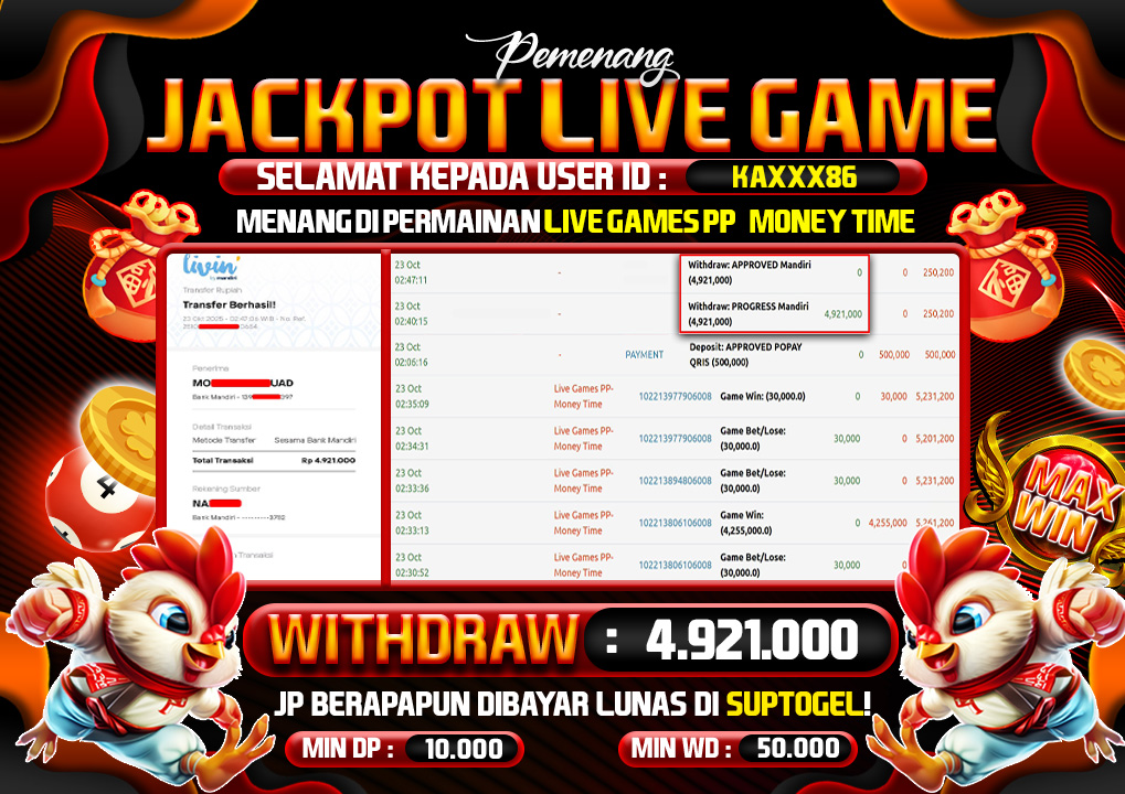  BUKTI KEMENANGAN 23 OCTOBER 2025 MENANG DI LIVE GAME PP-MONEY TIME 4.9JT